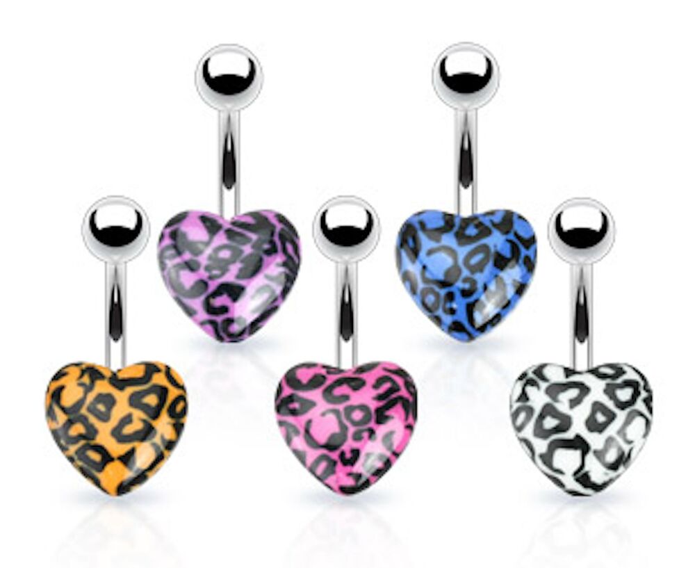 Set of 5 Leopard Print Heart Belly Button Rings – 14G Navel Jewelry